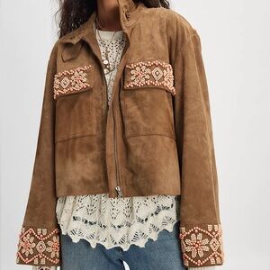 Free People Bali Fading Moon Cropped Suede Beaded Jacket